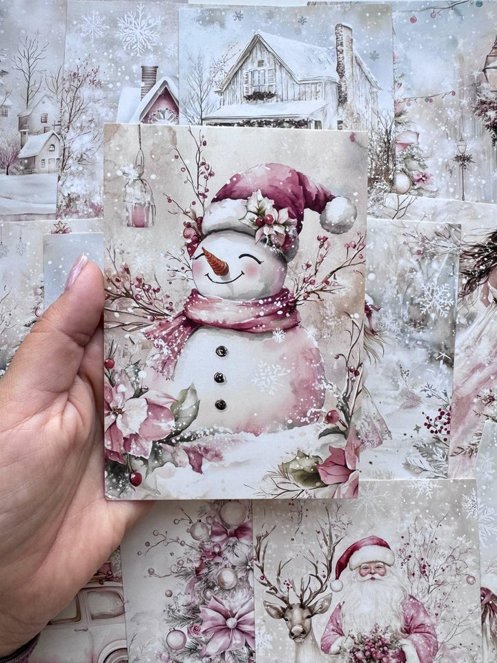 Set of 20 Pink Christmas Postcards, Winter Wonderland & Snowman Cards, 10 x 14.5 cm, 20 Different Designs, Single-Sided