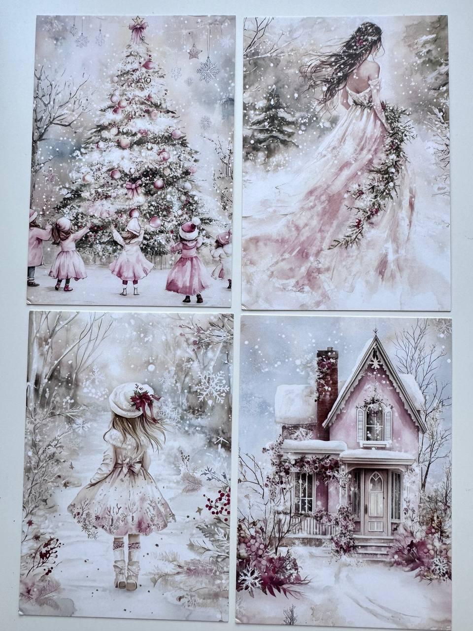 Set of 20 Pink Christmas Postcards, Winter Wonderland & Snowman Cards, 10 x 14.5 cm, 20 Different Designs, Single-Sided