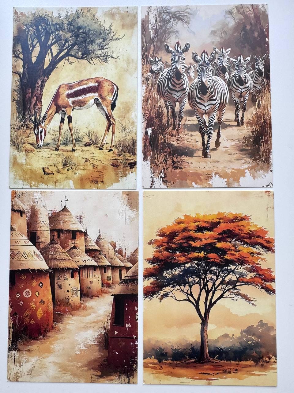Set of 20 African Art Postcards, African Women & Wildlife Cards, 10 x 14.5 cm, 20 Different Designs, Single-Sided, Junk Journal