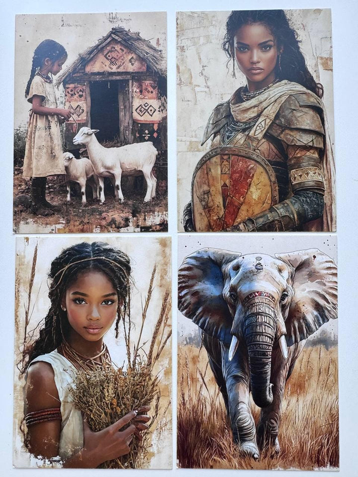 Set of 20 African Art Postcards, African Women & Wildlife Cards, 10 x 14.5 cm, 20 Different Designs, Single-Sided, Junk Journal
