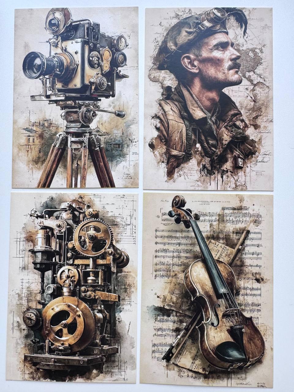 Set of 20 Vintage Men Postcards, Adventure & Travel Cards, Pilot Fisherman Camera Art, 10 x 14.5 cm, Junk Journal Ephemera