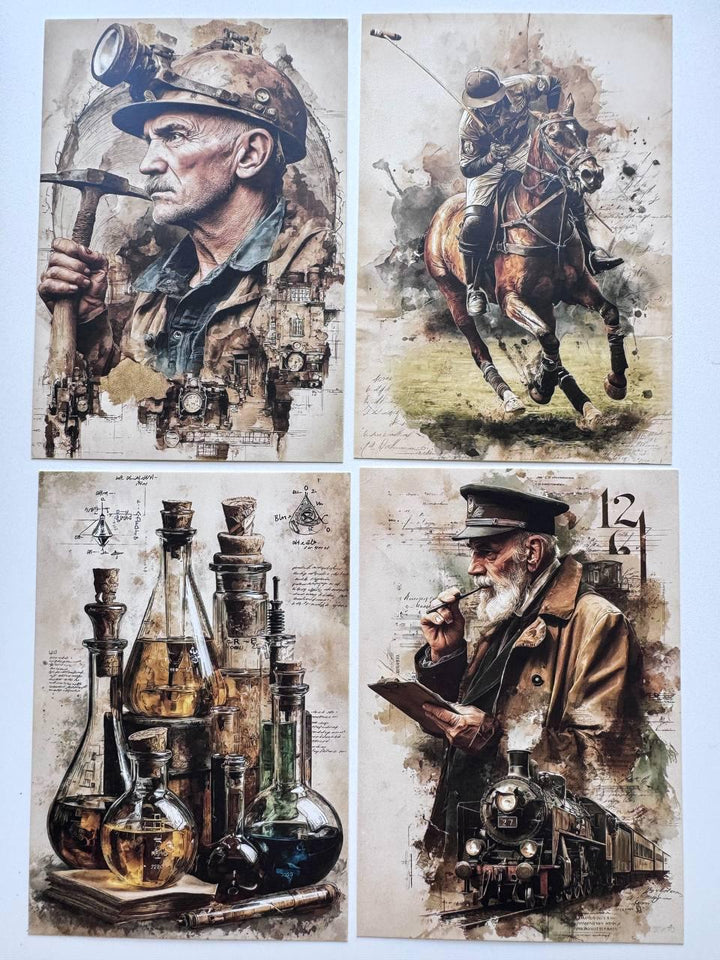 Set of 20 Vintage Men Postcards, Adventure & Travel Cards, Pilot Fisherman Camera Art, 10 x 14.5 cm, Junk Journal Ephemera