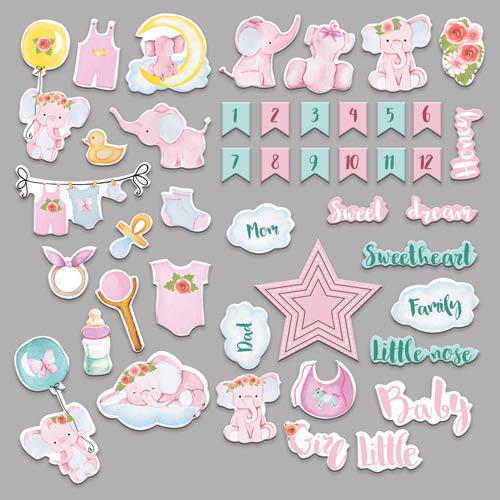 44 Baby Girl Elephant Die Cuts, Pink Baby Ephemera, New Baby Scrapbook, NOT Stickers, No Adhesive, Card Making & Junk Journal