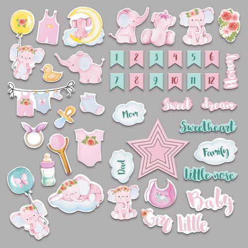 44 Baby Girl Elephant Die Cuts, Pink Baby Ephemera, New Baby Scrapbook, NOT Stickers, No Adhesive, Card Making & Junk Journal