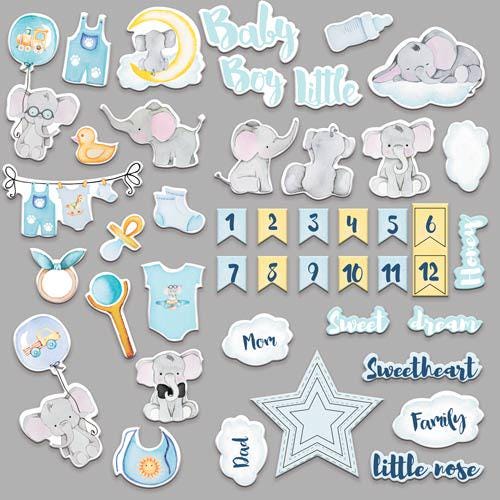44 Baby Boy Elephant Die Cuts, Blue New Baby Ephemera, Baby Scrapbook Supplies, NOT Stickers, No Adhesive, Card Making