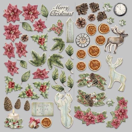 61 Winter Die Cuts, Winter Wonders Christmas Ephemera, Deer Poinsettia Pinecones, NOT Stickers, No Adhesive Cardstock Pieces