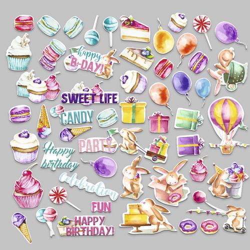 54 Sweet Birthday Die Cuts, Bunny Party Ephemera, Cake & Balloon Scrapbooking Cardstock, NOT Stickers, No Adhesive