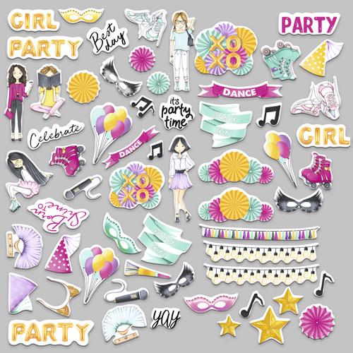 61 Party Girl Die Cuts, Birthday Party Scrapbook Ephemera, Girls & Balloons, NOT Stickers, No Adhesive