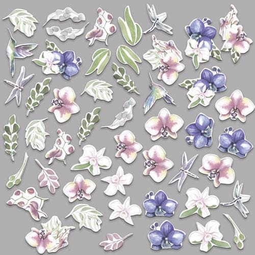 49 Tender Orchid Die Cuts, Orchid Flower & Hummingbird Ephemera, Botanical Paper Crafts, NOT Stickers, No Adhesive