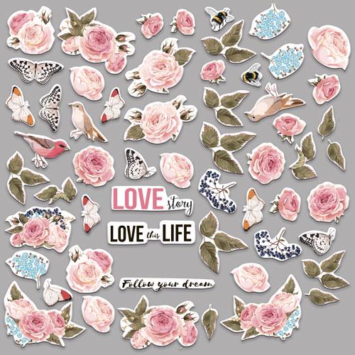 57 Sensual Love Rose Die Cuts, Pink Floral Scrapbook Ephemera, Butterflies & Birds, NOT Stickers, No Adhesive