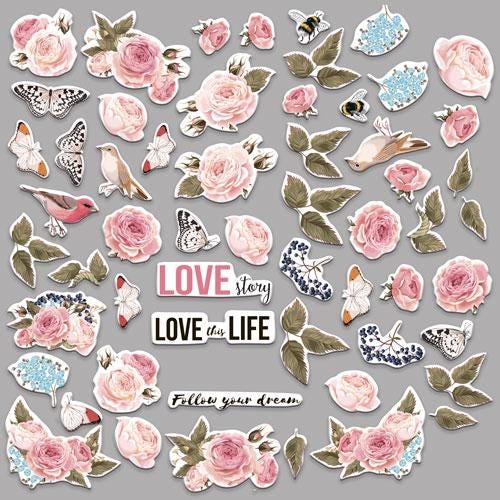 57 Sensual Love Rose Die Cuts, Pink Floral Scrapbook Ephemera, Butterflies & Birds, NOT Stickers, No Adhesive