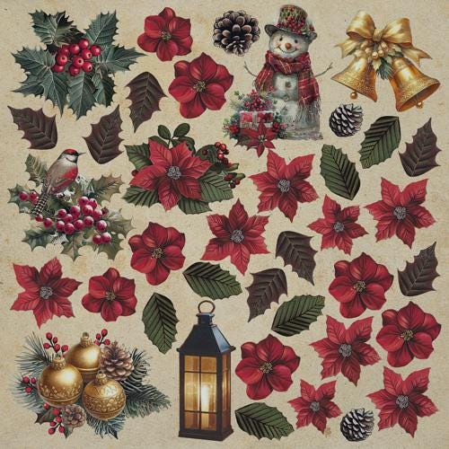 Nostalgic Christmas Scrapbook Paper 8x8, 10 Double Sided Sheets, Vintage Christmas Paper, Junk Journal Supplies