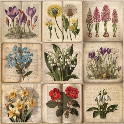 Spring Botanical Story Scrapbook Paper 8x8, 10 Double Sided Sheets, Floral Vintage Paper, Junk Journal Supplies
