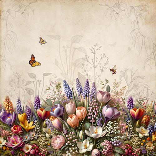 Spring Botanical Story Scrapbook Paper 8x8, 10 Double Sided Sheets, Floral Vintage Paper, Junk Journal Supplies