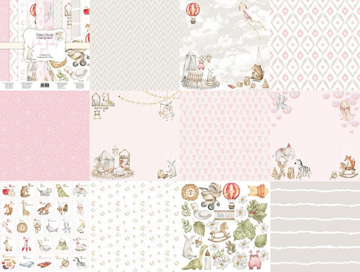 Boho Baby Girl Scrapbook Paper 8x8, Pink Nursery Paper, Baby Album, 10 Double Sided Sheets, Junk Journal & Card Making Supplies