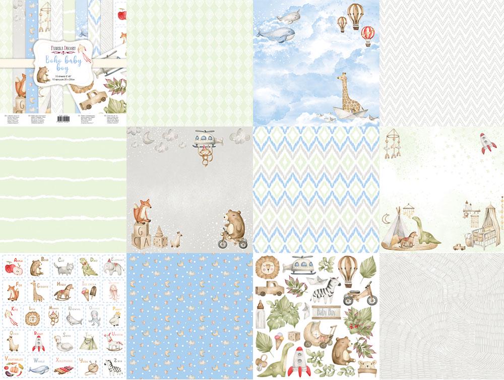Boho Baby Boy Scrapbook Paper 8x8, Blue Nursery Paper, Baby Album, 10 Double Sided Sheets, Junk Journal & Card Making Supplies