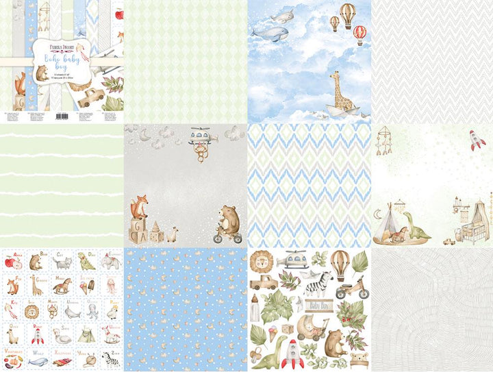 Boho Baby Boy Scrapbook Paper 8x8, Blue Nursery Paper, Baby Album, 10 Double Sided Sheets, Junk Journal & Card Making Supplies