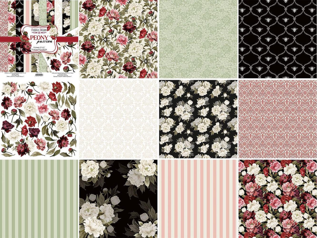 Peony Passion Scrapbook Paper 8x8, Floral Peony Paper, 10 Double Sided Sheets, Vintage Flowers, Junk Journal & Card Making