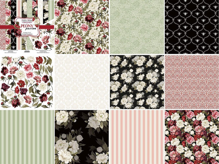 Peony Passion Scrapbook Paper 8x8, Floral Peony Paper, 10 Double Sided Sheets, Vintage Flowers, Junk Journal & Card Making