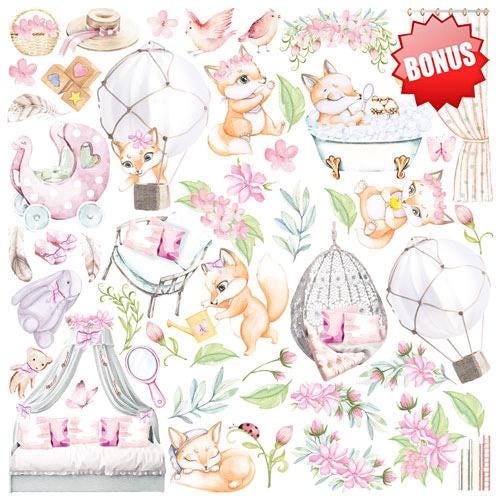 Funny Fox Girl Scrapbook Paper 8x8, 10 Double Sided Sheets, Cute Fox Paper, Baby Girl Album, Junk Journal, Card Making