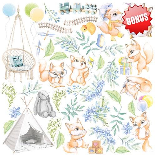 Funny Fox Boy Scrapbook Paper 8x8, 10 Double Sided Sheets, Cute Fox Paper, Baby Boy Album, Junk Journal, Card Making