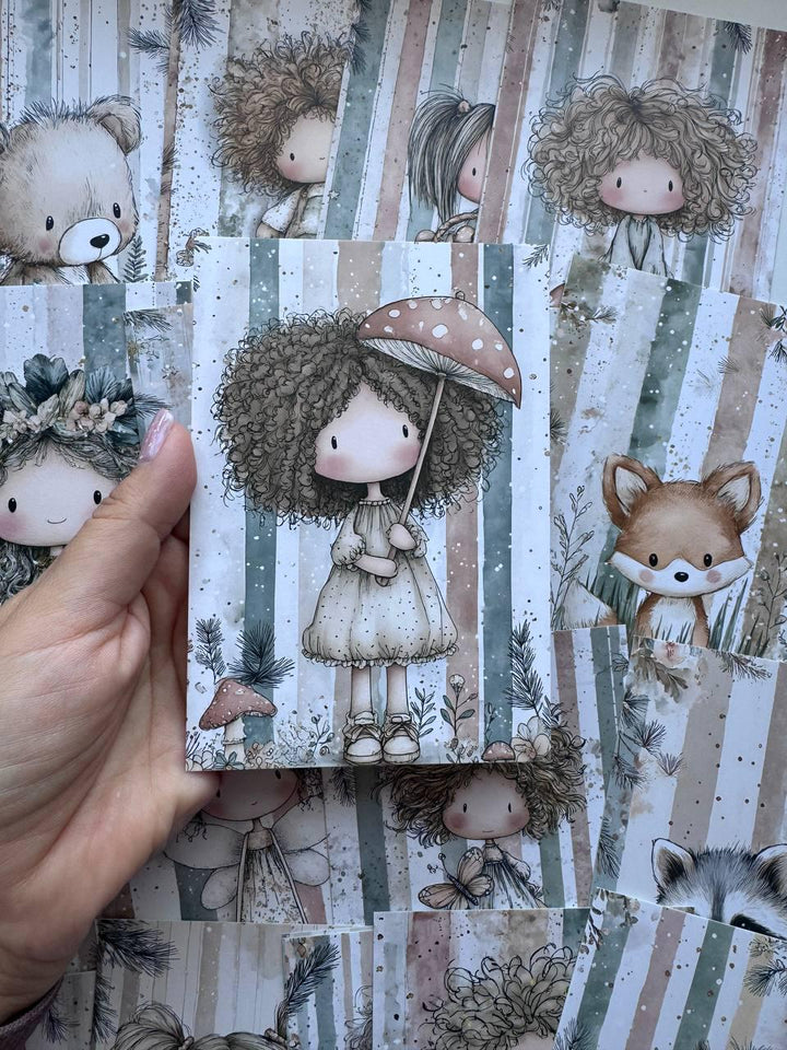 Set of 20 Cute Woodland Postcards 14.5 x 10 cm, Whimsical Girls & Animals, Forest Ephemera, Junk Journal Scrapbooking Cards