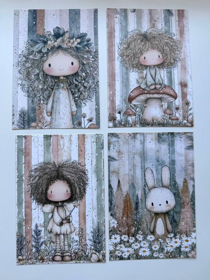 Set of 20 Cute Woodland Postcards 14.5 x 10 cm, Whimsical Girls & Animals, Forest Ephemera, Junk Journal Scrapbooking Cards