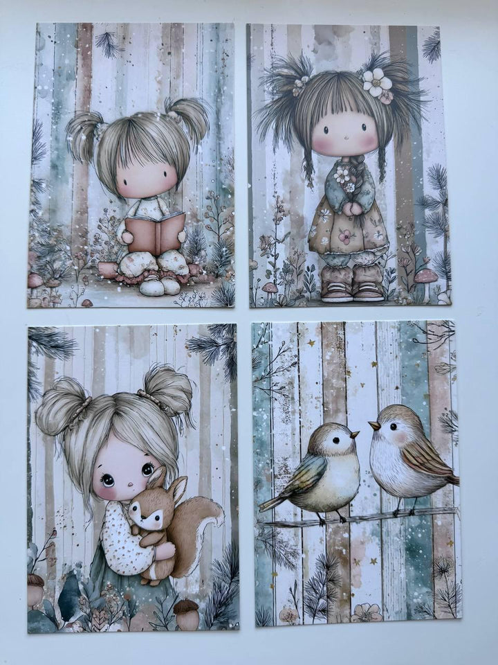 Set of 20 Cute Woodland Postcards 14.5 x 10 cm, Whimsical Girls & Animals, Forest Ephemera, Junk Journal Scrapbooking Cards