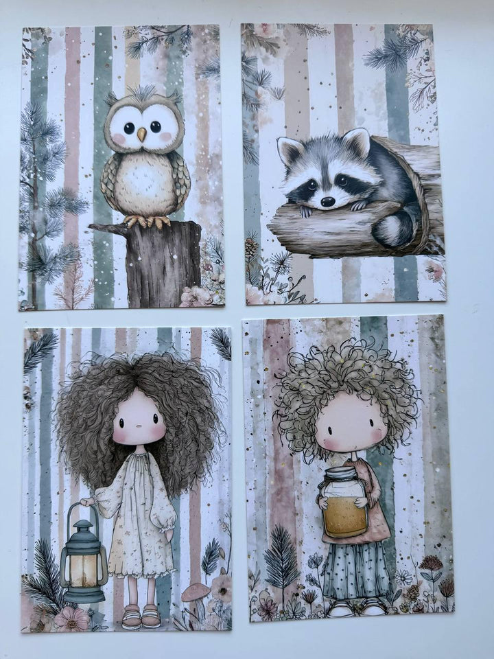 Set of 20 Cute Woodland Postcards 14.5 x 10 cm, Whimsical Girls & Animals, Forest Ephemera, Junk Journal Scrapbooking Cards
