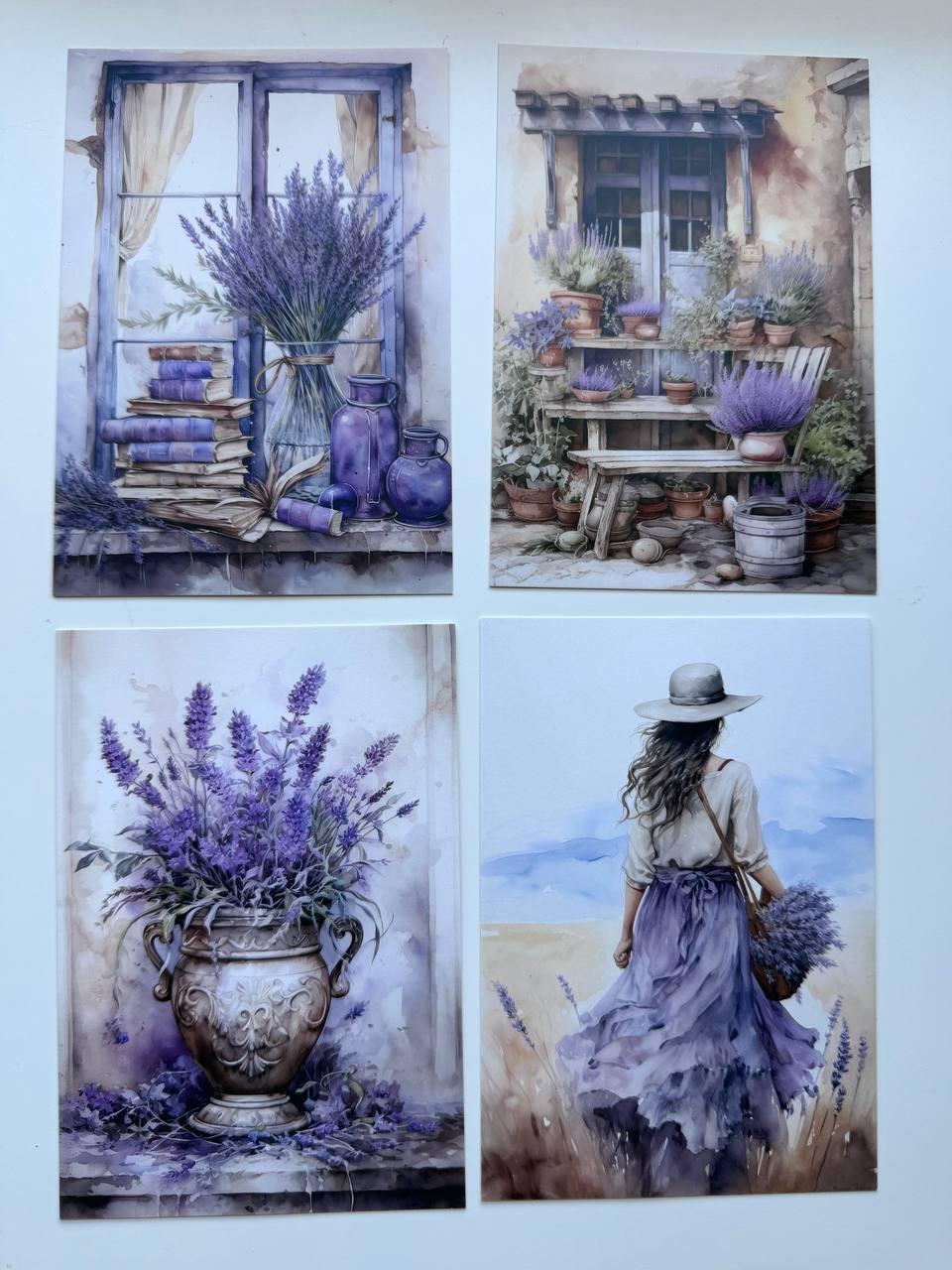 Set of 20 Lavender Postcards 14.5 x 10 cm, Purple Floral Cards, Provence Cottagecore Ephemera, Junk Journal Scrapbooking Supplies
