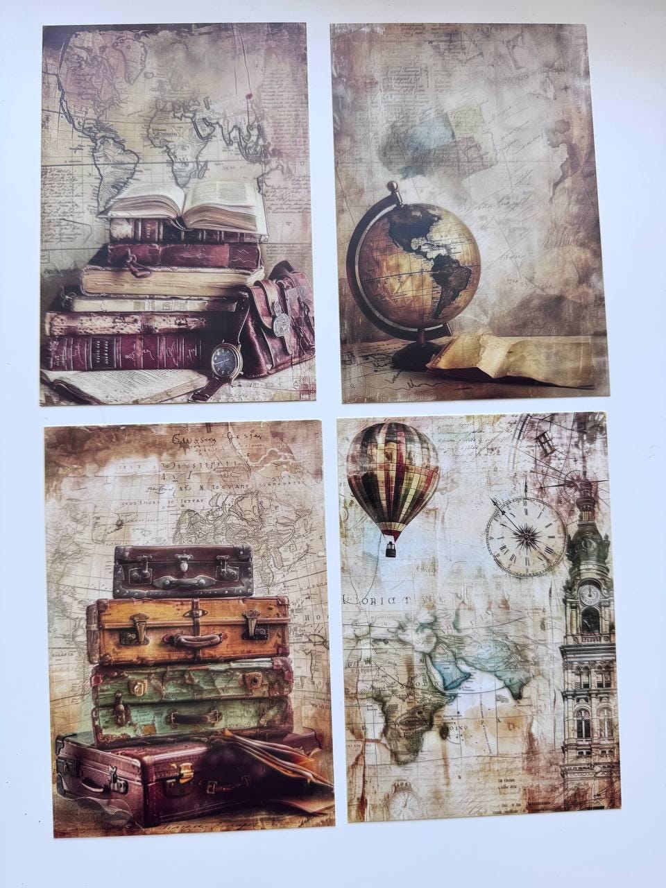 Set of 20 Vintage Travel Postcards 14.5 x 10 cm, Old Maps & Suitcases, London Travel Ephemera, Junk Journal Scrapbooking Cards