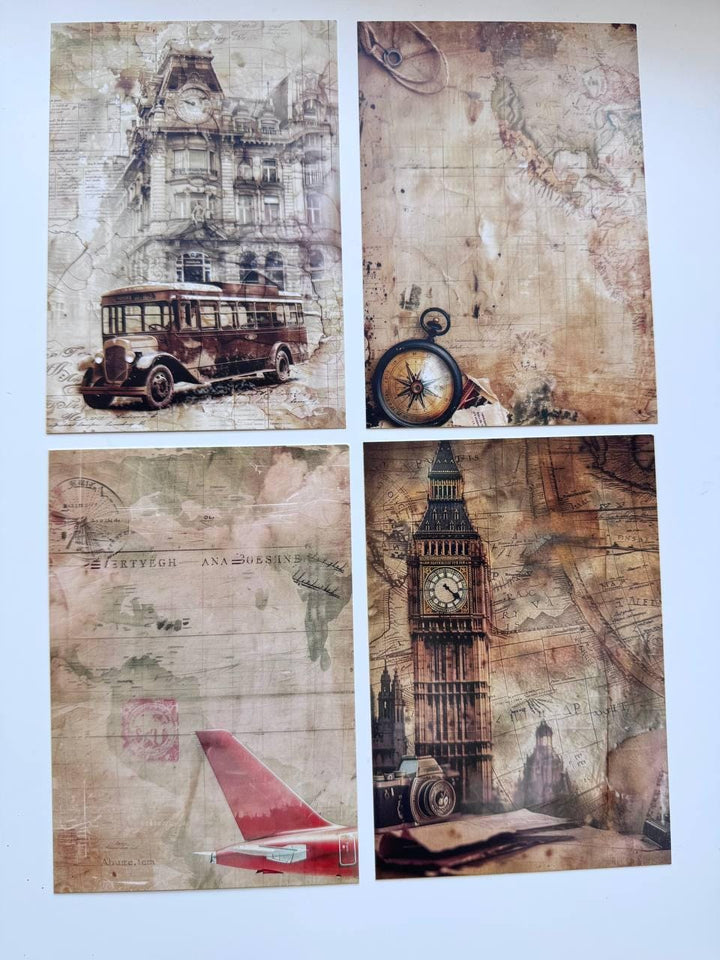 Set of 20 Vintage Travel Postcards 14.5 x 10 cm, Old Maps & Suitcases, London Travel Ephemera, Junk Journal Scrapbooking Cards