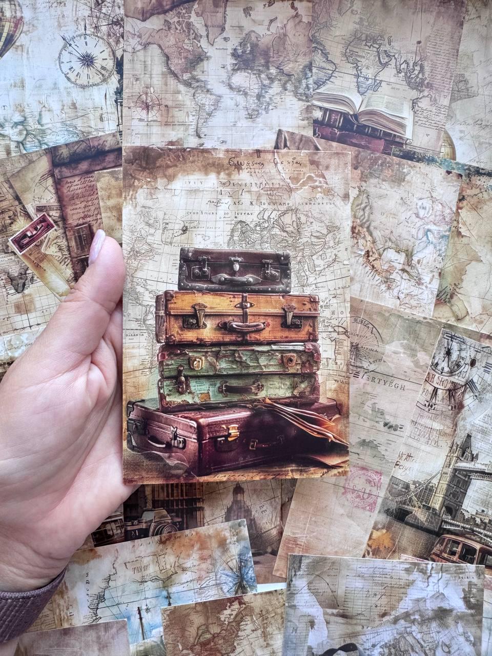 Set of 20 Vintage Travel Postcards 14.5 x 10 cm, Old Maps & Suitcases, London Travel Ephemera, Junk Journal Scrapbooking Cards