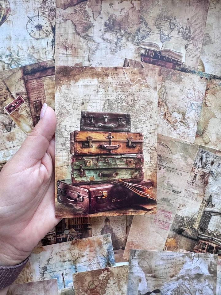 Set of 20 Vintage Travel Postcards 14.5 x 10 cm, Old Maps & Suitcases, London Travel Ephemera, Junk Journal Scrapbooking Cards