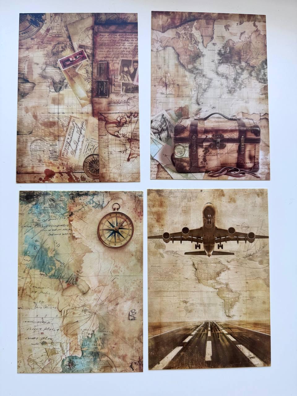Set of 20 Vintage Travel Postcards 14.5 x 10 cm, Old Maps & Suitcases, London Travel Ephemera, Junk Journal Scrapbooking Cards