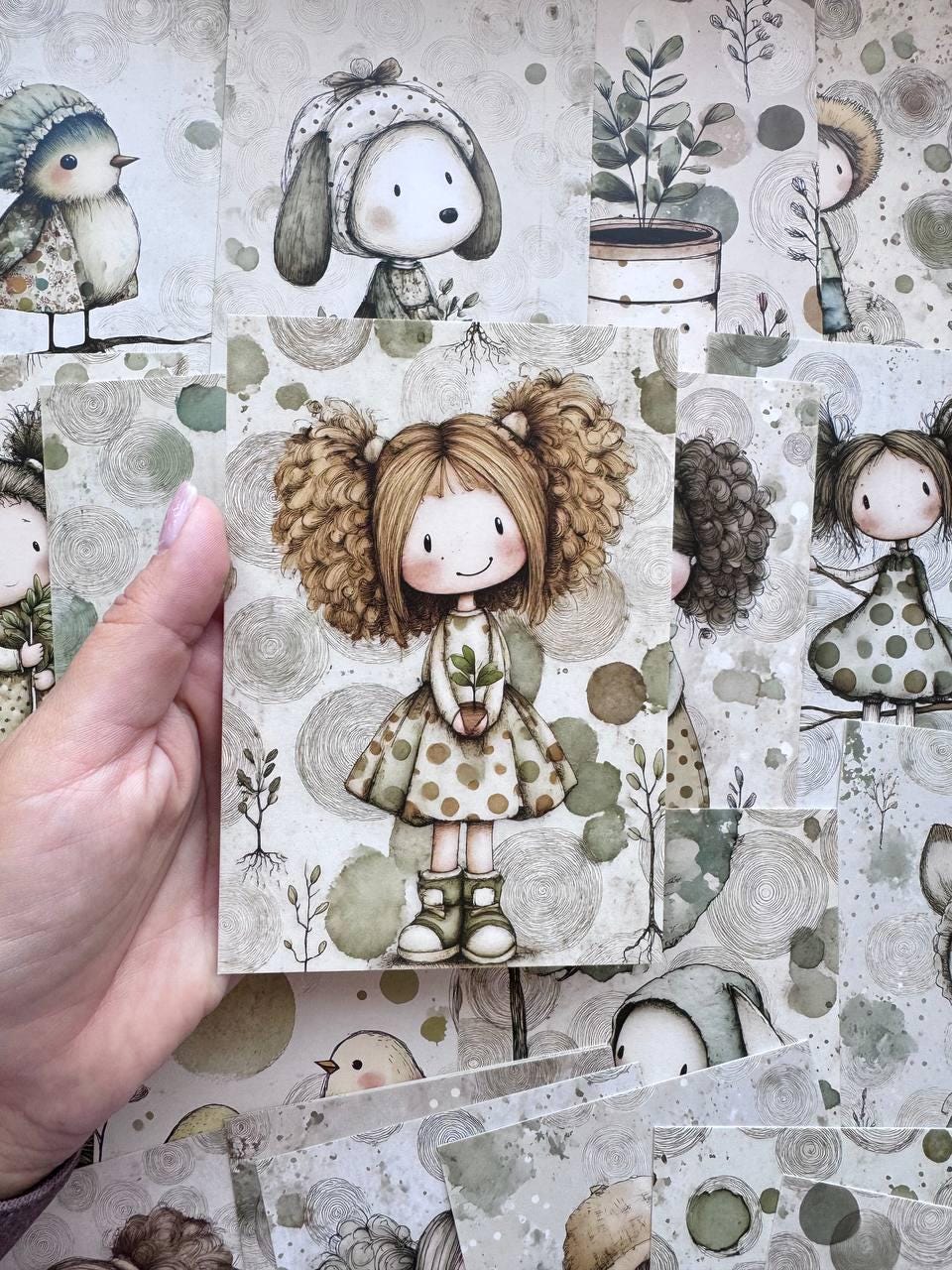 Set of 20 Cute Woodland Postcards 14.5 x 10 cm, Whimsical Girls Animals Birds, Cottagecore Ephemera, Junk Journal Scrapbooking Cards