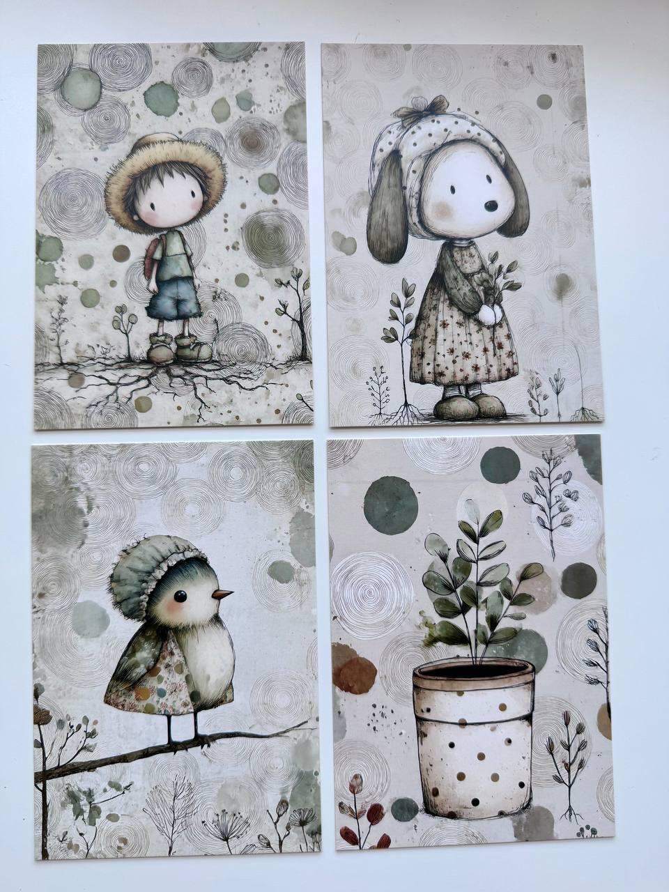 Set of 20 Cute Woodland Postcards 14.5 x 10 cm, Whimsical Girls Animals Birds, Cottagecore Ephemera, Junk Journal Scrapbooking Cards