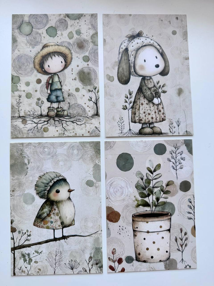 Set of 20 Cute Woodland Postcards 14.5 x 10 cm, Whimsical Girls Animals Birds, Cottagecore Ephemera, Junk Journal Scrapbooking Cards