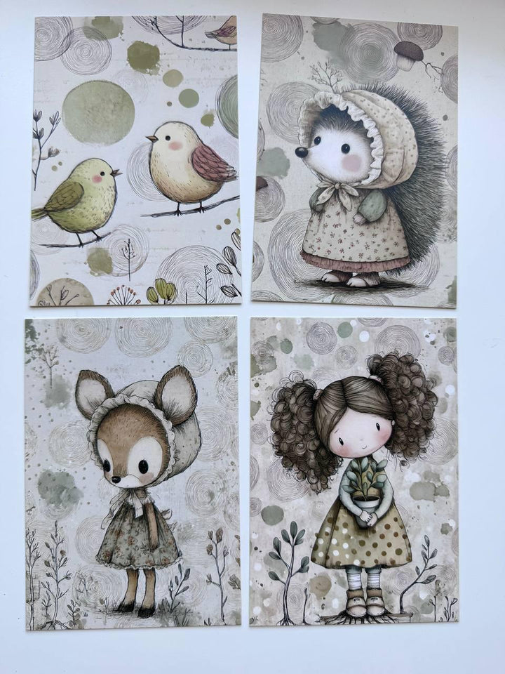 Set of 20 Cute Woodland Postcards 14.5 x 10 cm, Whimsical Girls Animals Birds, Cottagecore Ephemera, Junk Journal Scrapbooking Cards