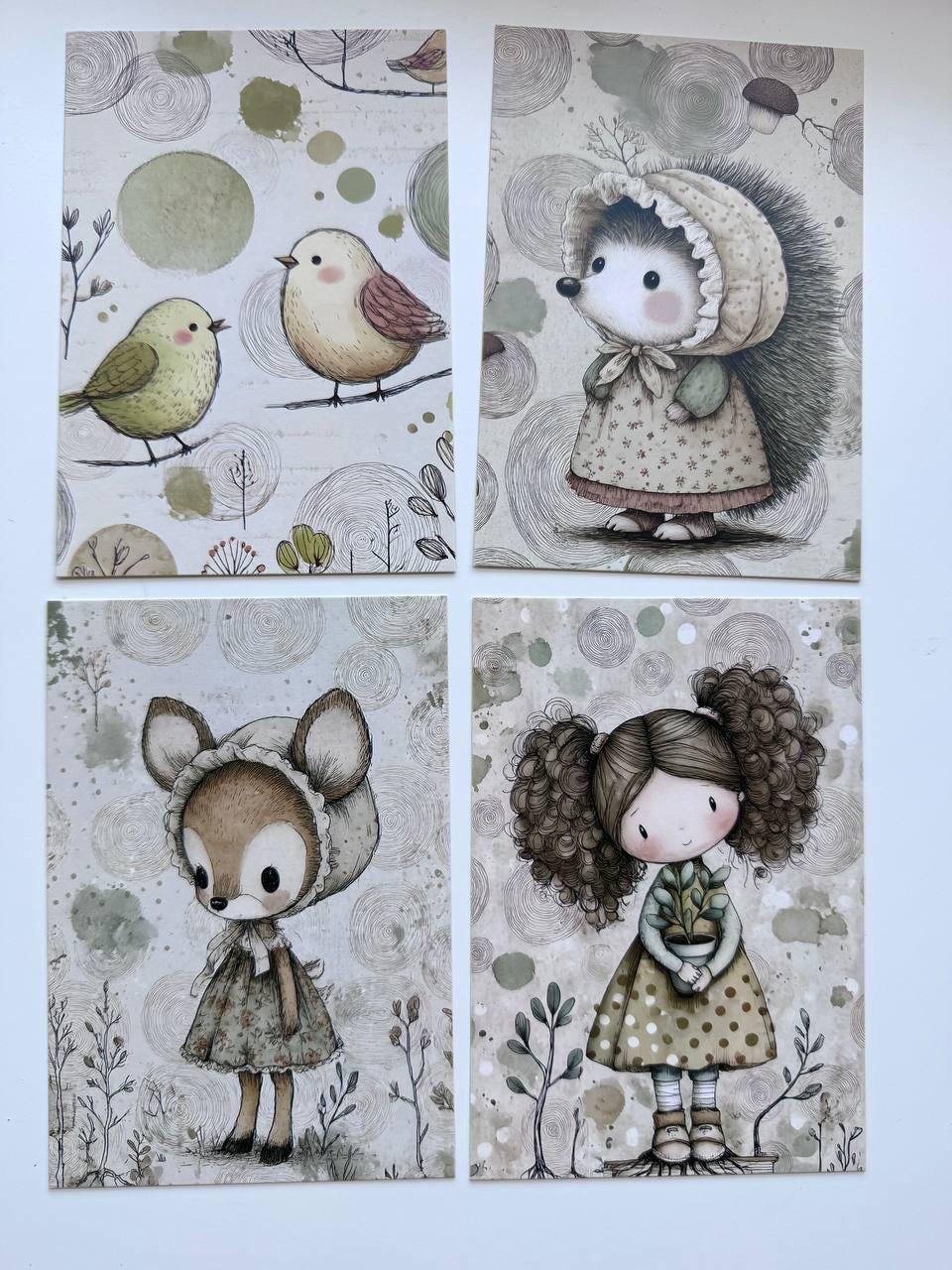 Set of 20 Cute Woodland Postcards 14.5 x 10 cm, Whimsical Girls Animals Birds, Cottagecore Ephemera, Junk Journal Scrapbooking Cards