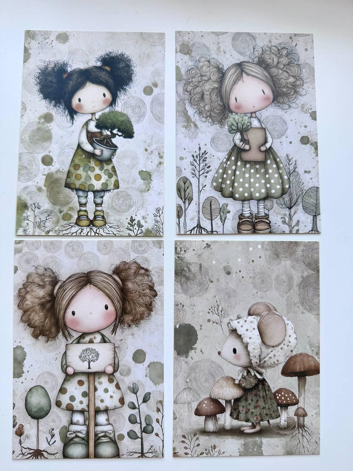 Set of 20 Cute Woodland Postcards 14.5 x 10 cm, Whimsical Girls Animals Birds, Cottagecore Ephemera, Junk Journal Scrapbooking Cards