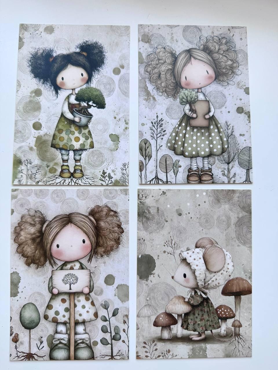 Set of 20 Cute Woodland Postcards 14.5 x 10 cm, Whimsical Girls Animals Birds, Cottagecore Ephemera, Junk Journal Scrapbooking Cards