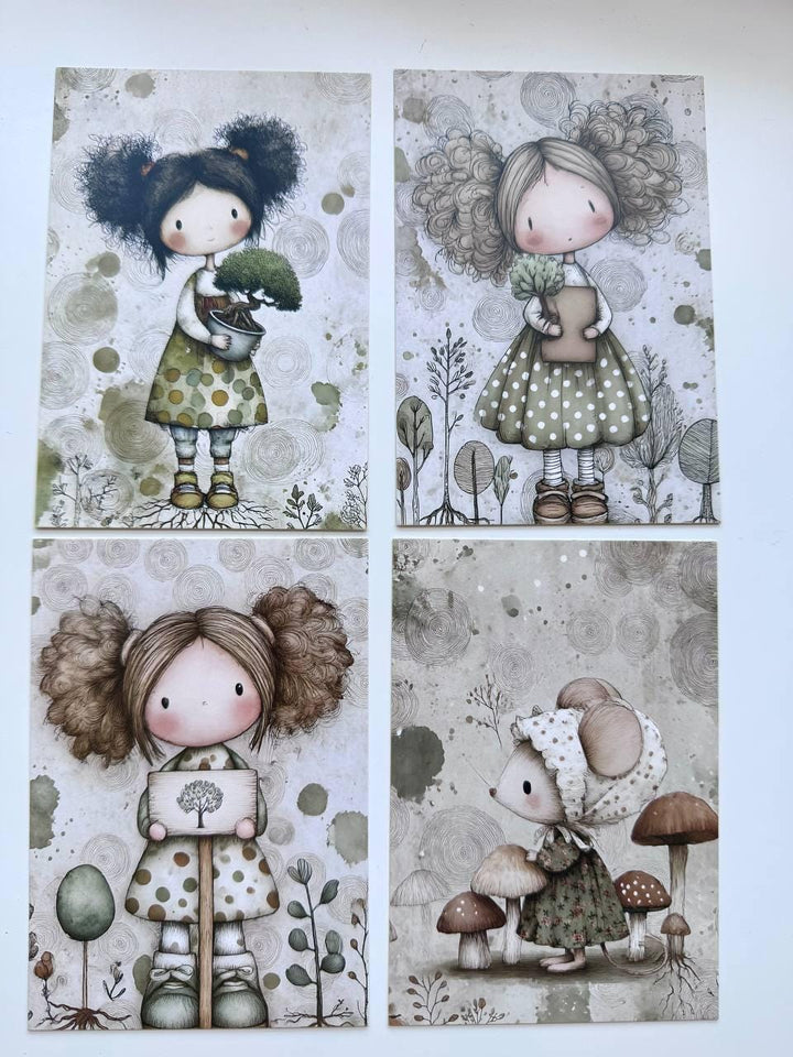 Set of 20 Cute Woodland Postcards 14.5 x 10 cm, Whimsical Girls Animals Birds, Cottagecore Ephemera, Junk Journal Scrapbooking Cards
