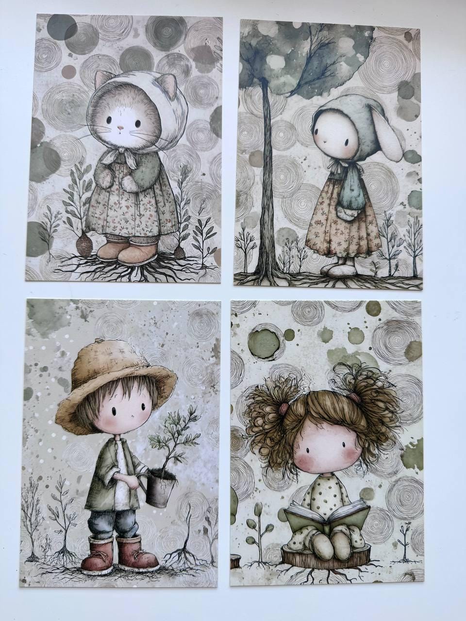 Set of 20 Cute Woodland Postcards 14.5 x 10 cm, Whimsical Girls Animals Birds, Cottagecore Ephemera, Junk Journal Scrapbooking Cards