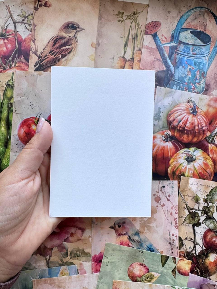 Set of 20 Garden Postcards 14.5 x 10 cm, Watercolour Fruit Vegetables Birds, Cottagecore Ephemera, Junk Journal Scrapbooking Cards