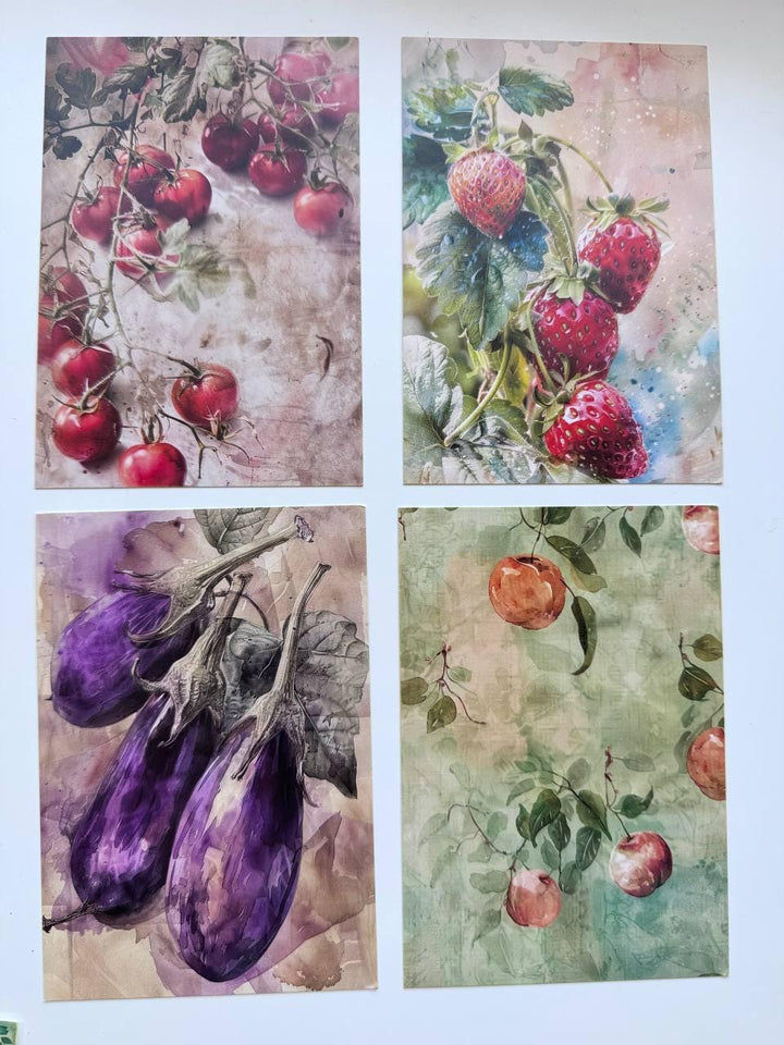 Set of 20 Garden Postcards 14.5 x 10 cm, Watercolour Fruit Vegetables Birds, Cottagecore Ephemera, Junk Journal Scrapbooking Cards