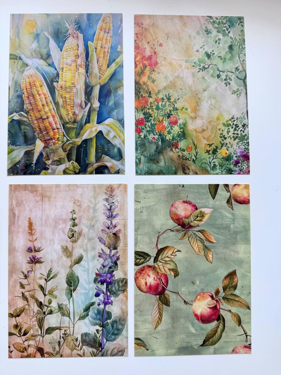 Set of 20 Garden Postcards 14.5 x 10 cm, Watercolour Fruit Vegetables Birds, Cottagecore Ephemera, Junk Journal Scrapbooking Cards