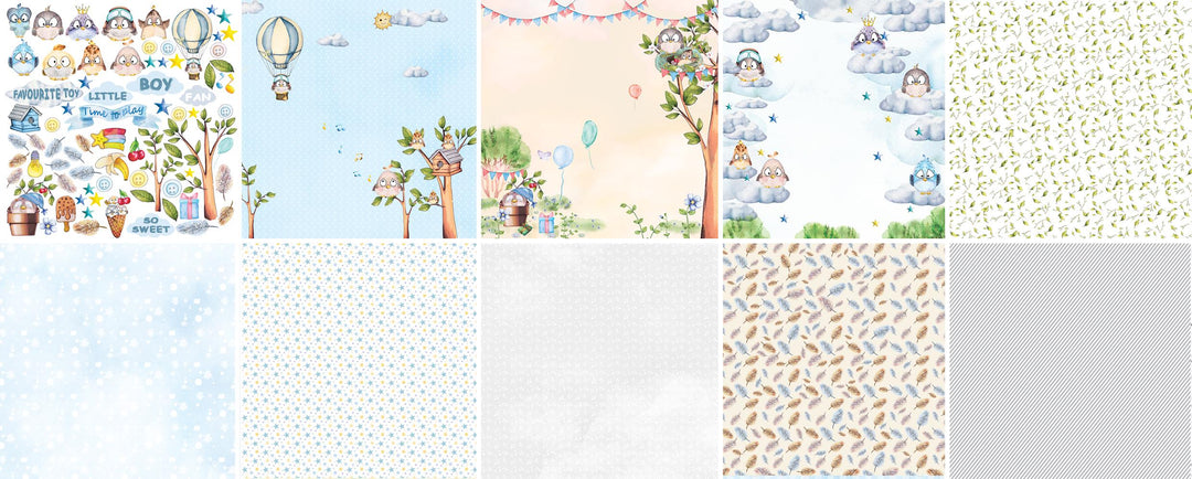 Cutie Sparrow Boy Scrapbook Paper 8x8 Inch, 10 Double Sided Sheets, Baby Boy Craft Paper, Card Making, Junk Journal Supplies