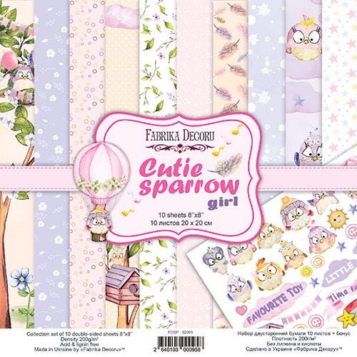 Cutie Sparrow Girl Scrapbook Paper 8x8 Inch, 10 Double Sided Sheets, Baby Girl Craft Paper, Card Making, Junk Journal Supplies