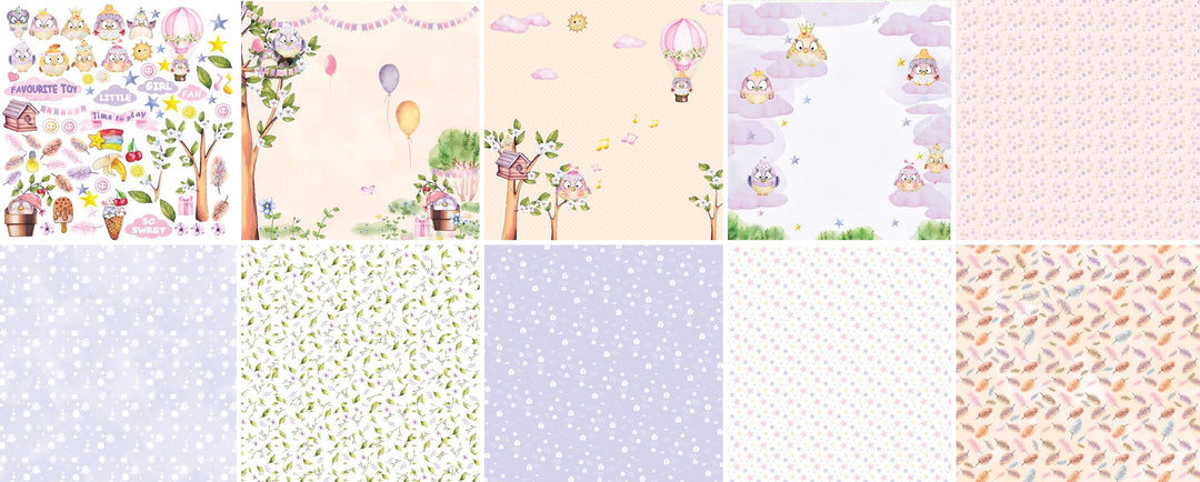 Cutie Sparrow Girl Scrapbook Paper 8x8 Inch, 10 Double Sided Sheets, Baby Girl Craft Paper, Card Making, Junk Journal Supplies